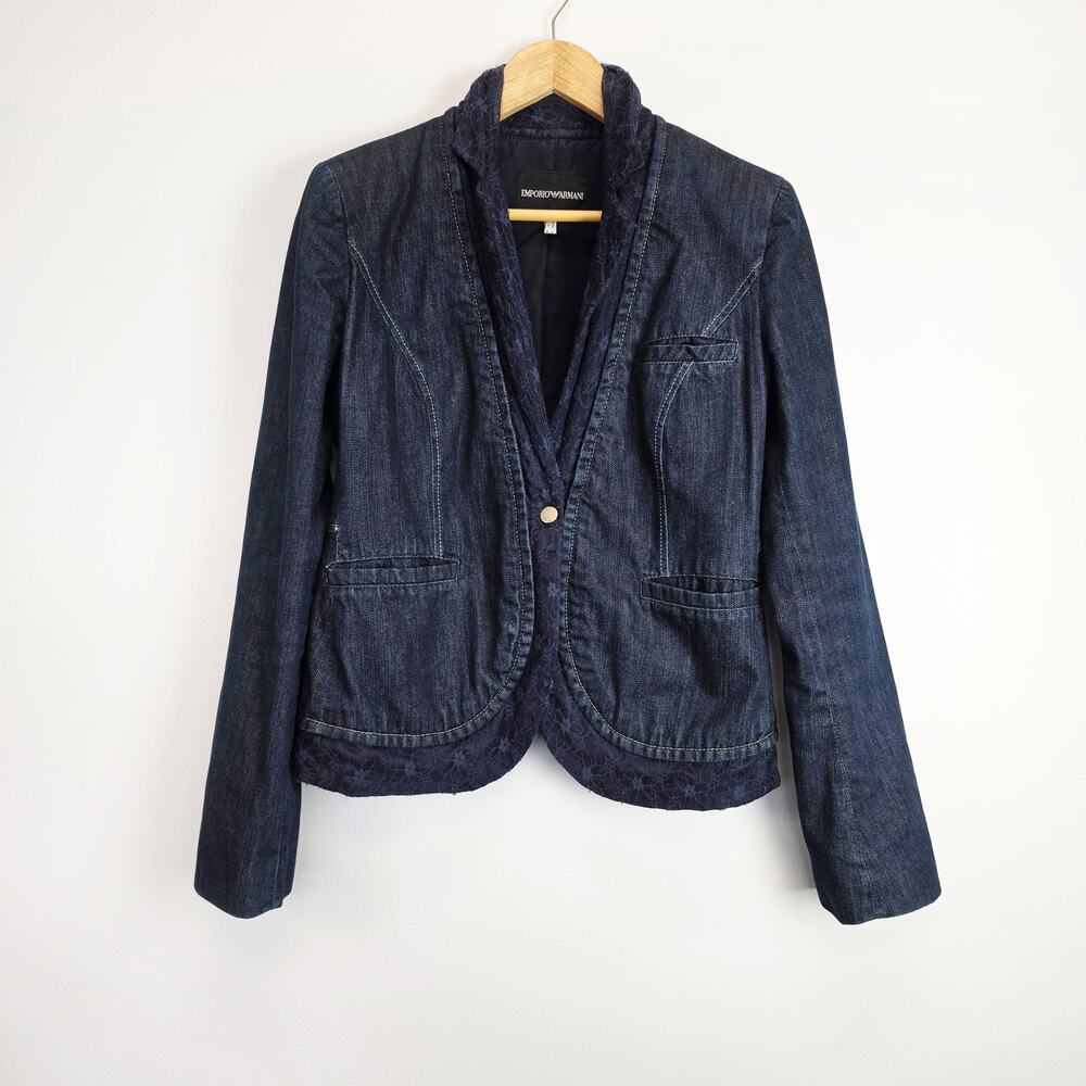 Emporio Armani Lace Collar Dark Wash Denim Jacket Sz 12 Jean Trucker Coat